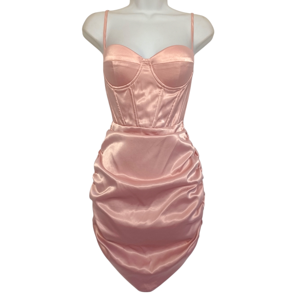 Shein Light Pink Satin Like Print Corset Style Sleeveless Bodycon Ruching Dress